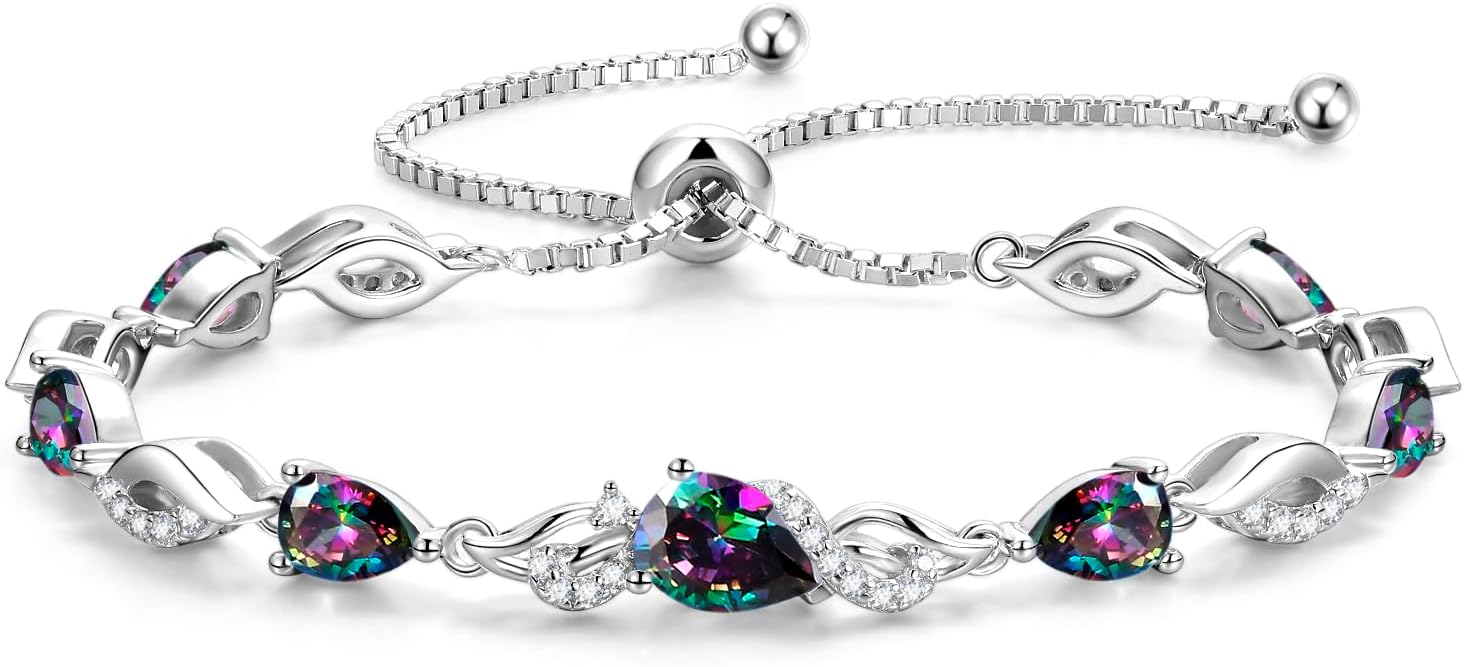FANCIME Birthstone Teardrop Tennis Bracelet for Women, Sterling Silver 9x7mm main Gemstone Bolo Adjustable Chain Bracelet Fine Jewelry Birthday Gifts for Women Mom Wife Her