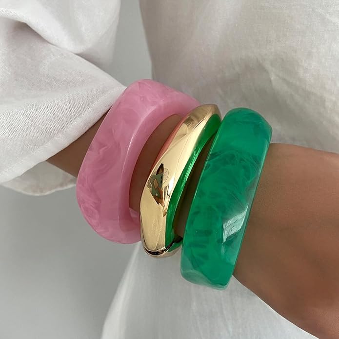 ALEXTINA 3Pcs Acrylic Resin Bangles for Women, Wide Resin Bracelets Chunky Cuff Bracelets Set Stackable Bracelets, Summer Vacation Jewelry Gift for Women