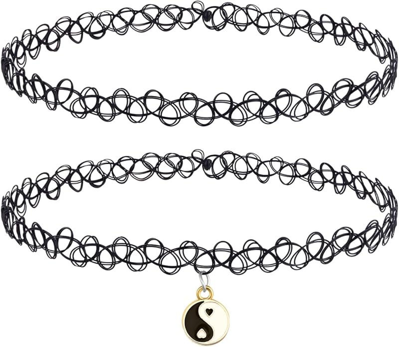 BodyJ4You 2PC Tattoo Choker Necklace - 90s Choker Necklace Women - 2000s Y2K Black Chokers Rainbow Choker - Butterfly Ying Yang Unicorn Rainbow Charms - Stretchy Elastic Necklace