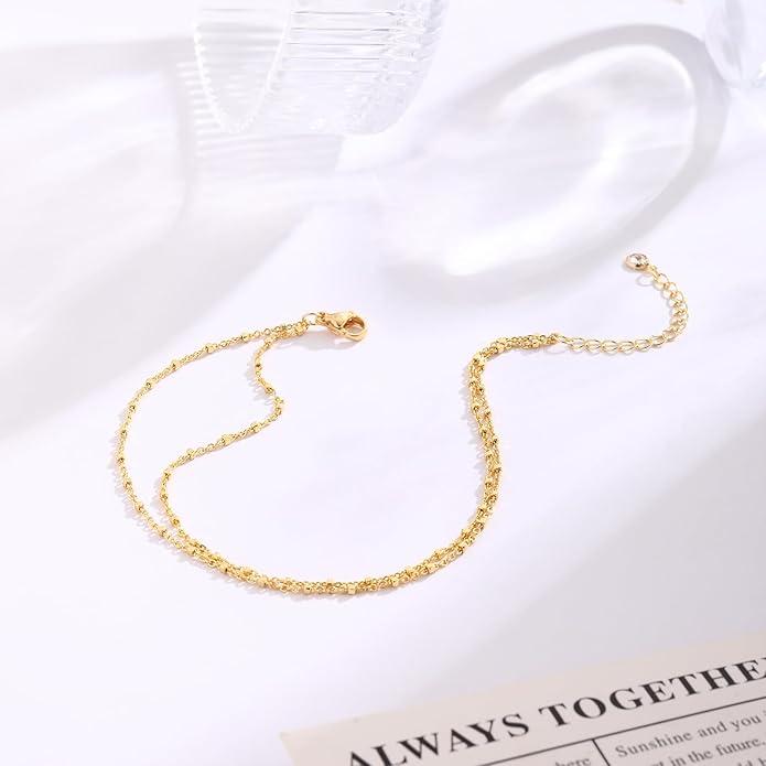 MIDEEO Gold/Silver Ankle Bracelets for Women,14K Gold Anklets for Women Waterproof Cuban Link Heart Beads Herringbone Rhinestone Anklets Set Layered Anklet Bracelets for Women Gold Jewelry Gift