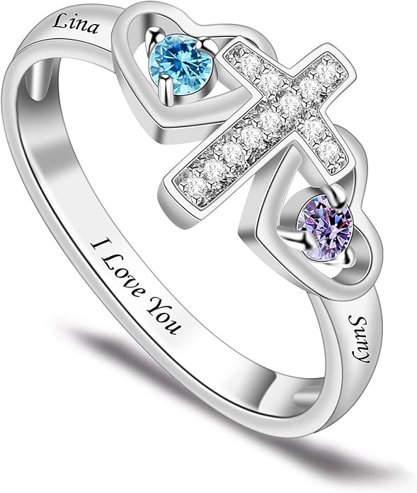 Personalized Heart Birthstone Rings for Women with 2 Birthstones Custom Name Rings for Couple Mother Daughter Jewelry Gift for Mother Her Christmas