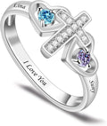 Personalized Heart Birthstone Rings for Women with 2 Birthstones Custom Name Rings for Couple Mother Daughter Jewelry Gift for Mother Her Christmas