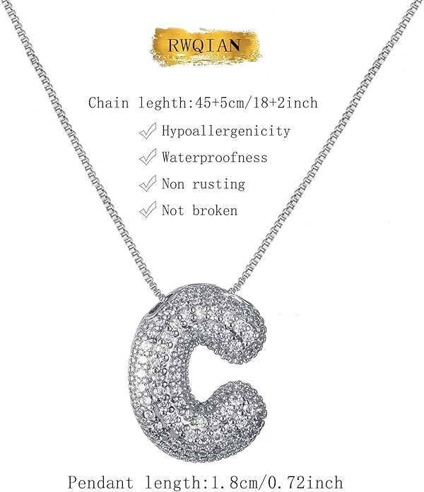 RWQIAN Letter Necklace for Women Bubble, Chunky Initial Alphabet A-Z Pendant Puffy Name Personalized Necklace Dainty Zircon CZ Fashion Jewelry Gifts for Girls Girlfriend
