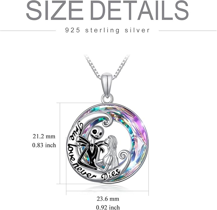 LILALO Nightmare Necklace Sterling Silver Abalone Shell Crystal Jack and Sally Necklace Jack Skellington Skull Jewelry Skull Necklaces for Women