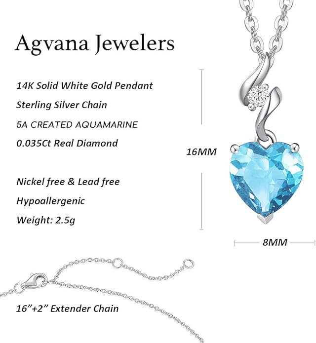 AGVANA Valentines Day Gifts 14K Solid White Gold Diamond Gemstone Pendant with Sterling Silver Chain 8mm Heart Birthstone Necklace Fine Jewelry Anniversary Birthday Gifts for Women Mom Wife