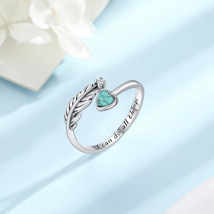 Turquoise/Moss Agate/Moonstone/Black Onyx/Lapis Lazuli/Labradorite/Tiger Eye Feather Ring 925 Sterling Silver Adjustable Ring Western Thumb Rings Vintage Jewelry Gifts for Women