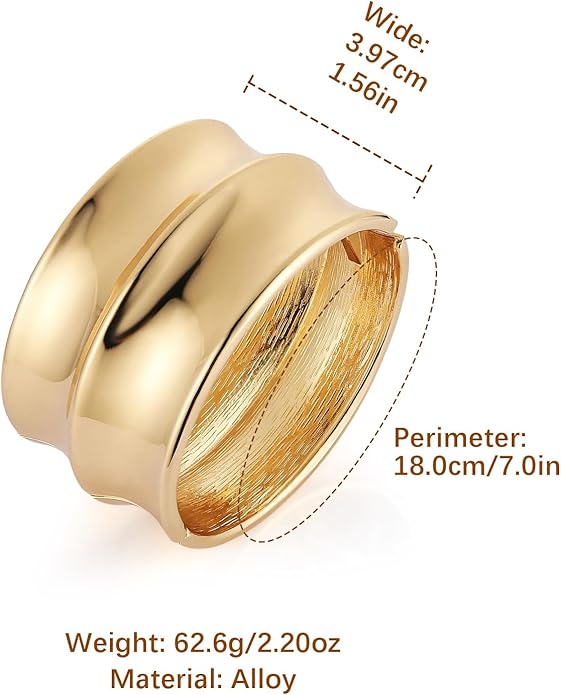 HZMAN 18K Gold Plated Wide Cuff Bracelet for Women - Premium Alloy Shiny Polished Double Layer Statement Bangle, Trendy Daily Wear Party Jewelry Accessory