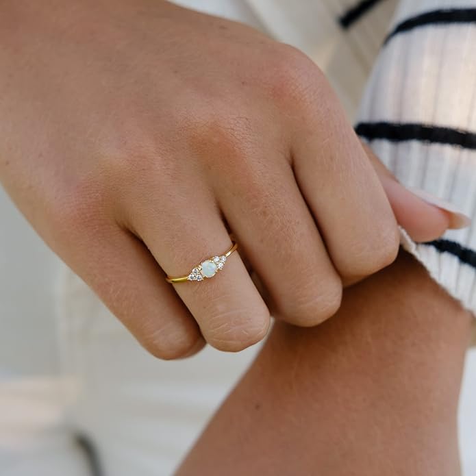 espere Sterling Silver Halo Opal Stacking Ring Simple Dainty Gold Ring Opal Ring Birthstone Ring 4-10