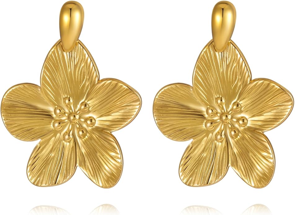 Gold Flower Statement Earrings for Women, Large Chunky Bohomian Summer Beach Floral Earring, Irregular Bold Exaggerated Earrings
