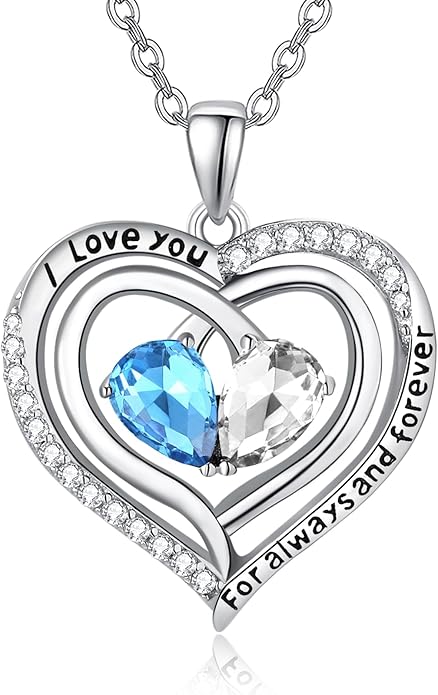 Valentine's Day Gifts for Wife 925 Sterling Silver Double Birthstone Pendant Necklaces I Love You for Always and Forever Necklace Anniversary Birthday Gifts for Wife Girlfriend Mom Her