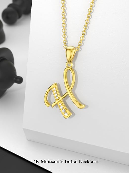 14k Gold Initial Necklace for Women, Solid Gold Moissanite Letter Pendant Necklaces Jewelry for Her Birthday Valentines Day Gifts for Mom Wife Christmas Gifts for Girlfriend Sister
