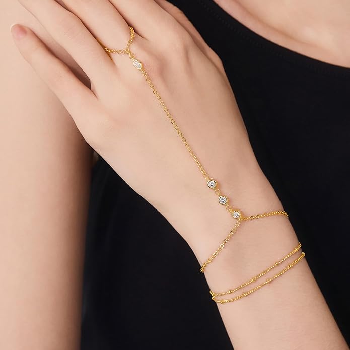 Cicy Bell Hand Chain 18k Gold Plated Bracelet for Women Trendy Teardrop Cubic Zirconia Adjustable Finger Ring Slave Dainty Bracelets Jewelry Gifts