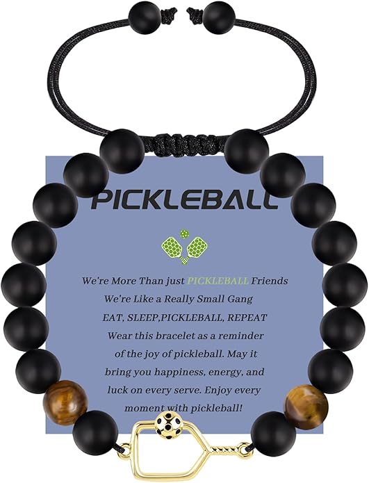 Natural Stone Adjustable Braided Beaded Pickleball Bracelet Charm Jewelry - Sports Lover Pickleball Gifts for Women Men Teens Friends