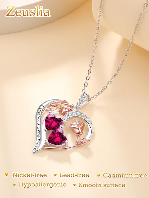 Valentine's Day Gifts for Wife 925 Sterling Silver Double Birthstone Pendant Necklaces I Love You for Always and Forever Necklace Anniversary Birthday Gifts for Wife Girlfriend Mom Her