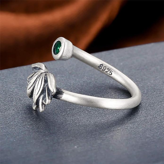 BALMORA Real 925 Sterling Silver Vintage Leaf Rings for Women Men Retro Lotus Feather Flower Adjustable Open Ring Floral Leaves Finger Statement Promise Ring Fashion Jewelry Birthday Gifts for Mom Daughter
