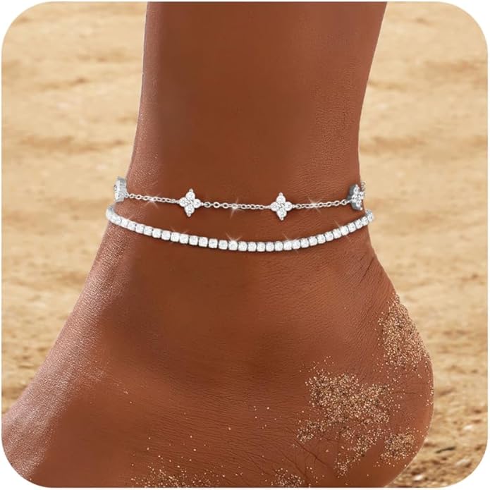 RLMOON Gold Anklets for Women CZ Ankle Bracelet 14K Gold/Silver Plated Waterproof Dainty Layered Tennis Heart Dot Chain Silver Anklets Trendy Foot Jewelry