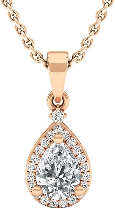 Dazzlingrock Collection 7X5mm Pear Lab Created Gemstone & Round White Natural Diamond Women Halo Teardrop Pendant, 10K Rose Real Solid Gold