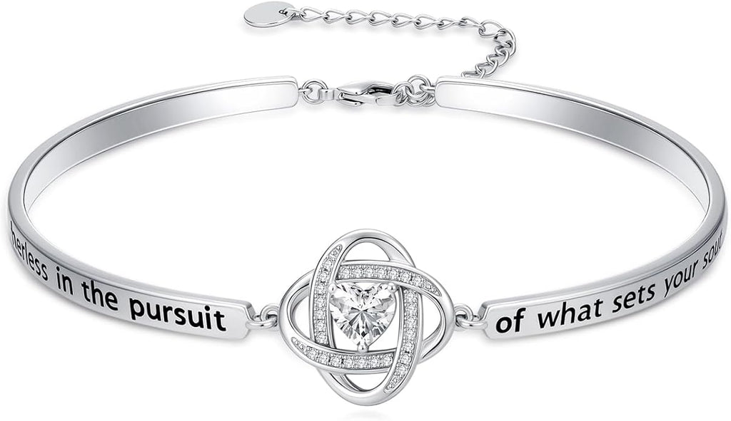 Valentines Day Gifts for Her, 18k White Gold Plated Love Knot Bracelets, Engraved Inspirational and Sentiment Bangle, Anniversary Birthday Jewelry Gift for Lover Wife Girlfriend Sister Friends