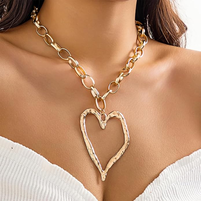 Bold Big Chunky Gold Heart Necklace for Women, Unique Large Thick Hollow Love Heart Pendant Chain Choker Necklaces Punk Party Prom Y2K Jewelry Gifts