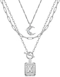 MJartoria Layered Initial Necklaces for Women Trendy, 14K Gold Plated Brass Simple Moon Choker Square Letter Pendant Necklace, Paperclip Chain Necklaces Jewelry Gifts