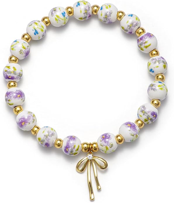 Beads Bow Charm Bracelet for Women Flower Vintage Bracelet Handmade Stretch Beaded Dainty Romantic Jewelry Gifts