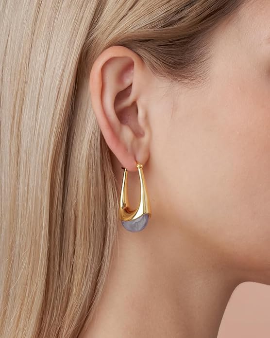 Long Oval Chunky Dangle 18K gold plated Hoops with Colored Resin Gemstone Statement Earrings for Women by SNGIA, (Green, Brown, Blue, Pink, White, Cream), Bold Drop Handmade Exaggerated Irregular Trendy Bohemian Jewelry Gifts, Unique Dangling Teardrop ...