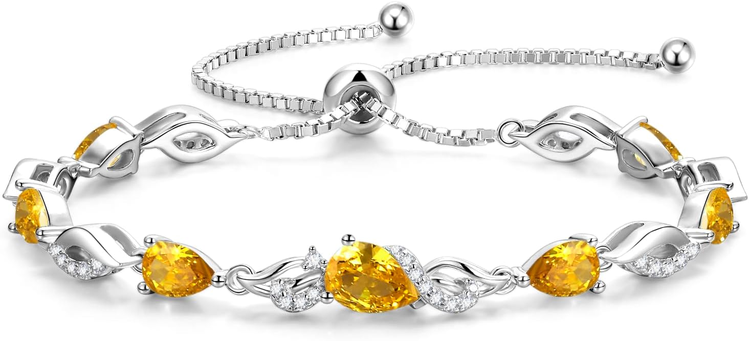 FANCIME Birthstone Teardrop Tennis Bracelet for Women, Sterling Silver 9x7mm main Gemstone Bolo Adjustable Chain Bracelet Fine Jewelry Birthday Gifts for Women Mom Wife Her