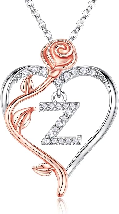 Iefil Valentines Day Gifts for Her - 925 Sterling Silver Rose Heart Initial Necklace, Anniversary Birthday Gifts for Women, Jewelry Gift for Her Wife Girlfriend