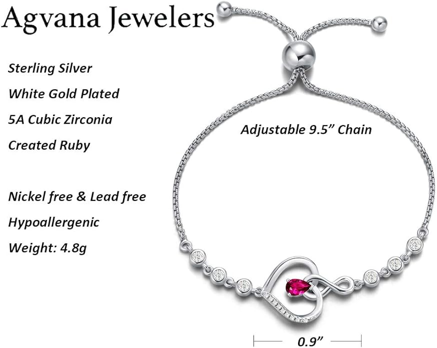 AGVANA Valentines Day Gifts Heart Birthstone Bracelets for Women Sterling Silver Genuine or Created Gemstone Tennis Bracelet Infinity Love Jewelry Anniversary Birthday Gifts for Wife Mom Women