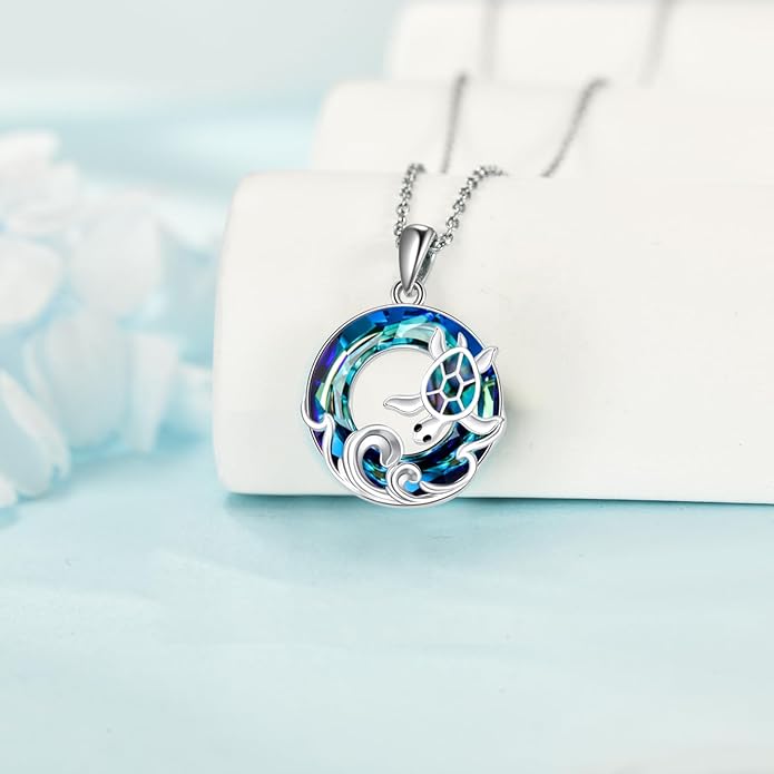 TOUPOP Sea Turtle/Mermaid/Dolphin/Shell/Starfish/Conch/Seahorse Necklace for Women Sterling Silver Ocean Pendant Necklace with Crystal Ocean Beach Charm Jewelry Birthday Christmas Gifts