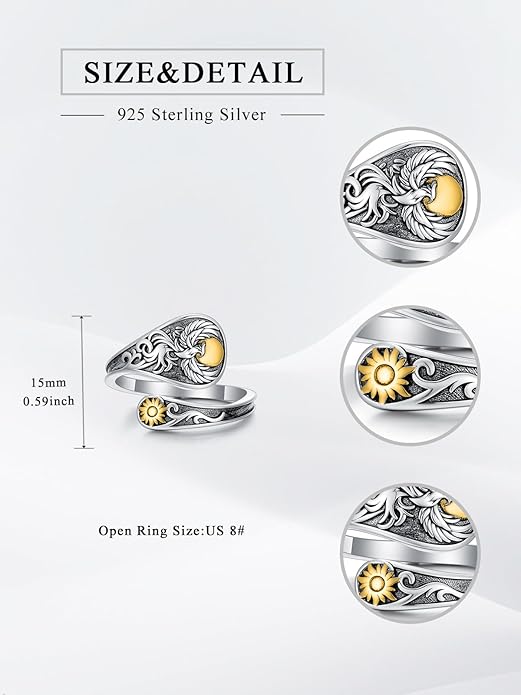 Midari Sun and Moon/Bee/Celtic/Life of Tree/Lotus Spoon Ring for Women 925 Sterling Silver Adjustable Ring Open Ring for Women Men Halloween Birthday Gift