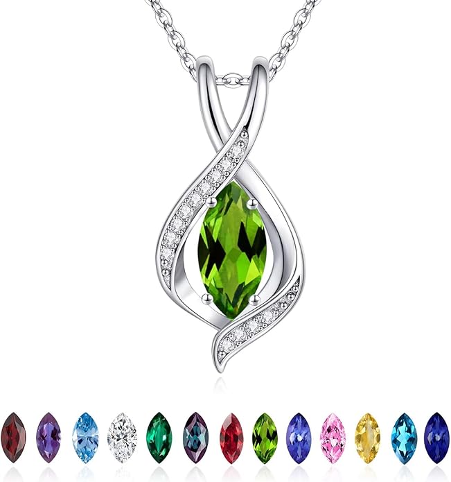 Iefil Valentines Day Gifts for Her, 925 Sterling Silver Marquise Birthstone Necklace Birthday Gifts Dainty Necklaces Birthstone Jewelry for Wife Daughter, 19"+2" Inches