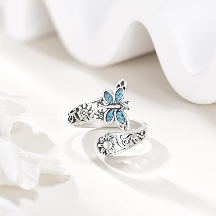 VONALA Dragonfly/Butterfly/Tree of Life/Sunflower Ring for Women 925 Sterling Silver Adjustable Turquoise Ring Flower Antique Jewelry Gifts