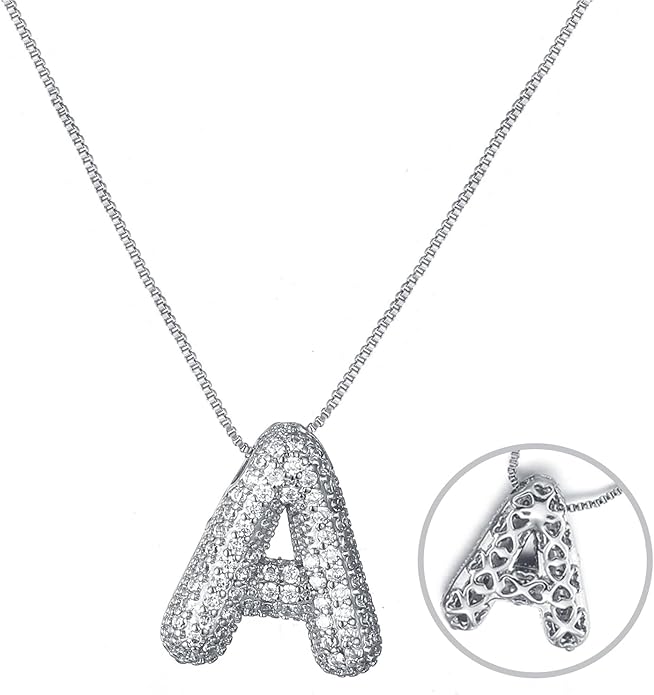 RWQIAN Letter Necklace for Women Bubble, Chunky Initial Alphabet A-Z Pendant Puffy Name Personalized Necklace Dainty Zircon CZ Fashion Jewelry Gifts for Girls Girlfriend