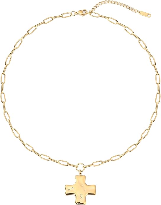MQV Chunky Statement Gold Hammered Bold Cross Necklace Thick Chain Vintage Chain Pendant Jewelry