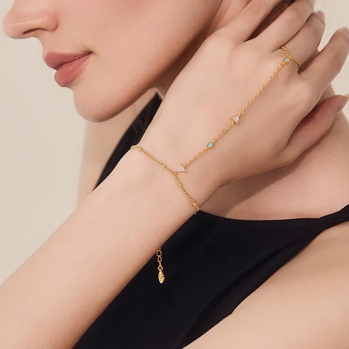 Cicy Bell Hand Chain 18k Gold Plated Bracelet for Women Trendy Teardrop Cubic Zirconia Adjustable Finger Ring Slave Dainty Bracelets Jewelry Gifts