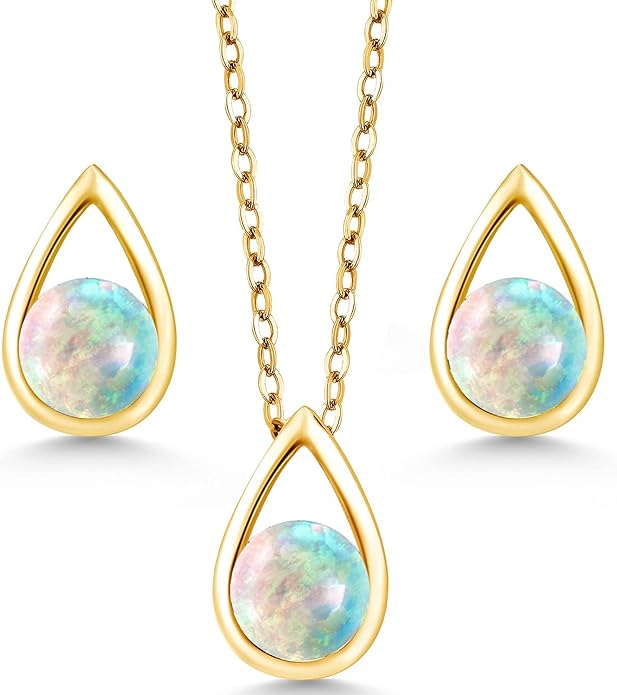 Gem Stone King 18K Yellow Gold Plated Silver 5MM Round Gemstone Birthstone Teardrop Pendant Earrings Set | Jewelry Set for Women | With 18 Inch Chain