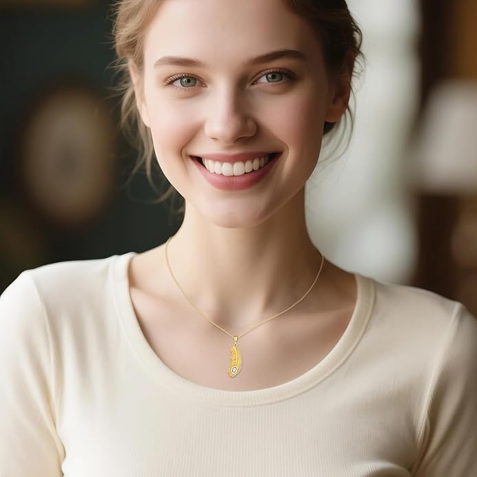 KQF Peacock Feather Necklaces 14K Solid Gold Zircon Pendant Animal-Inspired Jewelry Brithday Gifts For Women