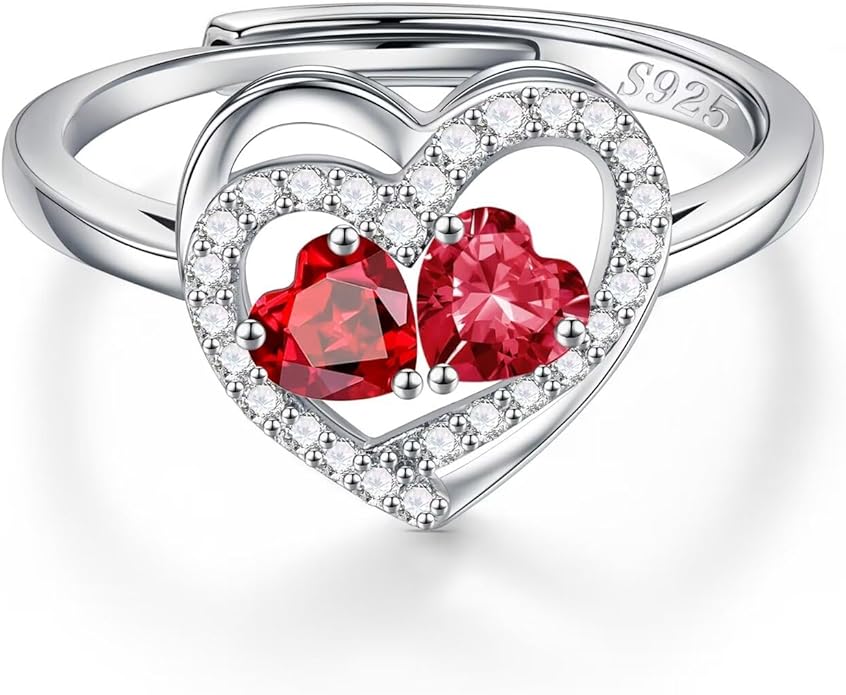 Iefil Adjustable Ring for Women - 925 Sterling Silver Double Birthstone Rings, Anniversary Birthday Gifts for Women Wife Her