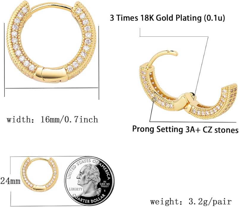 TOPGRILLZ Iced Out Hoop Earrings Cubic Zirconia Huggie Cartilage Cuff Hypoallergenic 14K Gold Plated Luxury Fashion Round Circle Earrings For Men Women