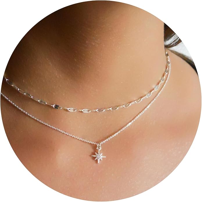 Annika Bella Sterling Silver Star Necklace for Women, Length 15-17 Inches, Tiny Cubic Zirconia North-Star Charm Pendant Necklace, Waterproof, Celestial Jewelry Gift for Her
