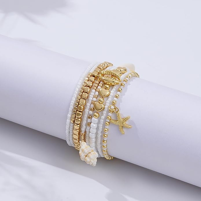Shell Bracelet Seashell Boho Beaded Stretch Bracelets for Women Summer Beach Bracelets Starfish Charm Bracelet Stackable Gold Plated Bracelets Set for Women