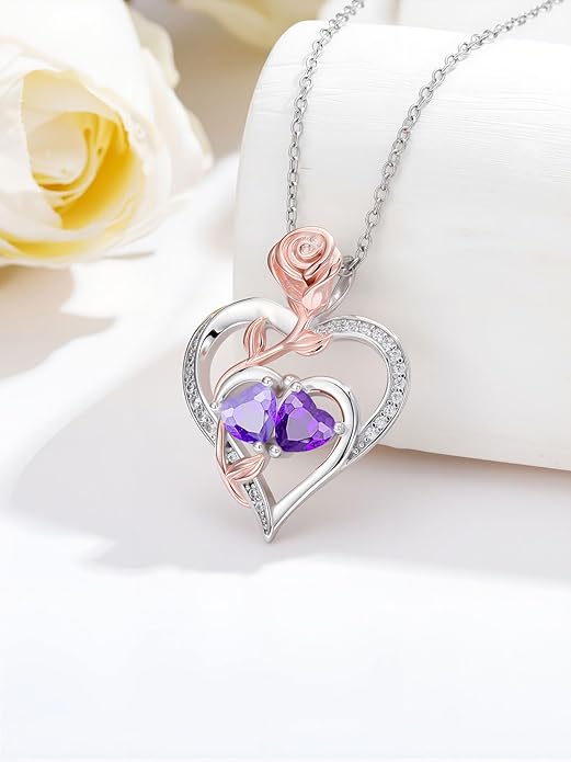 Rose Flower Heart Pendant for Women Birthday Gifts 18k Gold Plated Mother Daughter Necklace with 12 Months Birthstone Christmas Valentines Day Gifts for Her Mom Anniversarry Jewelry for Mom Wife Girlfriend