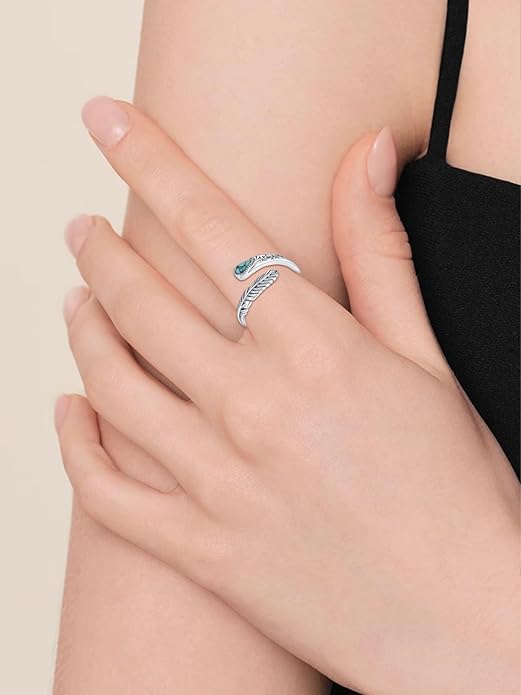 Turquoise/Moss Agate/Moonstone/Black Onyx/Lapis Lazuli/Labradorite/Tiger Eye Feather Ring 925 Sterling Silver Adjustable Ring Western Thumb Rings Vintage Jewelry Gifts for Women