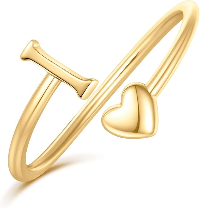 Initial Rings for Women Girls - Valentines Day Gifts for Her, Adjustable Rings for Women Non Tarnish Letter A-Z Dainty Heart Ring Teen Girls Gifts Trendy Stuff Personalized Jewelry Gift