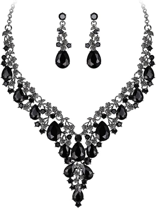 Bridal Bridesmaid Austrian Crystal Jewelry Set, Floarl rhinestone Statement Neckace Teardrop Necklace Drop Dangle Earrings Set