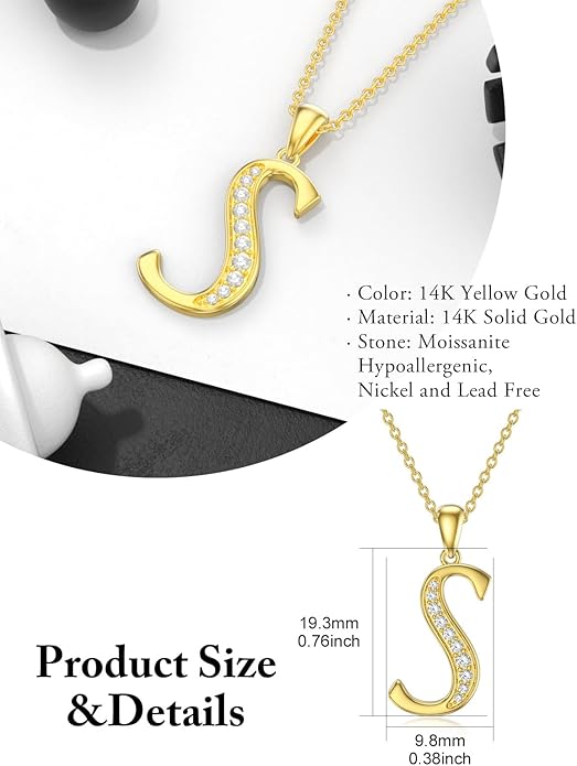 14k Gold Initial Necklace for Women, Solid Gold Moissanite Letter Pendant Necklaces Jewelry for Her Birthday Valentines Day Gifts for Mom Wife Christmas Gifts for Girlfriend Sister