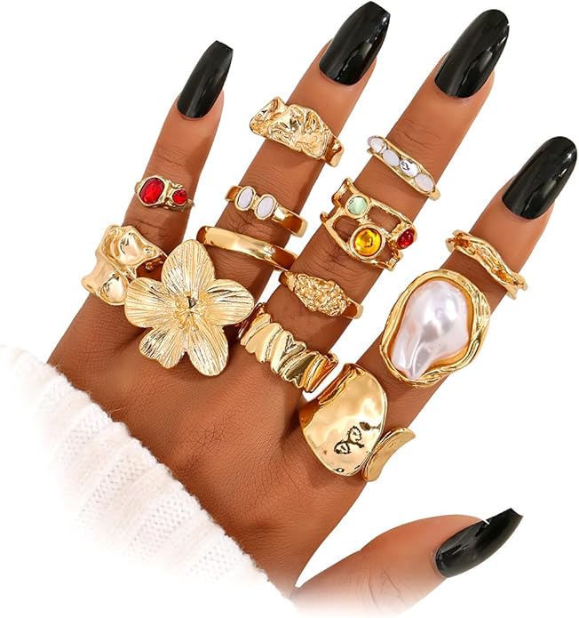 KISS WIFE Goldenen Silvery Black Kunckle Rings Set for Women, Dainty Simple Trendy Cute Stackable Finger Rings Pack, Perfect for Stacking Layering on Thumb and Knuckle, Mixed Size, Jewelry Gift