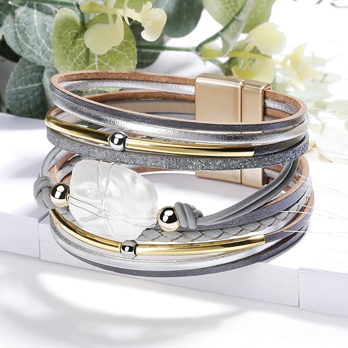 Fesciory Leather Wrap Bracelets for Women, Boho Leopard Multi-Layer Crystal Beads Cuff Bracelet Jewelry