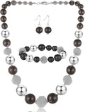 PEARL&CLUB Beaded Chunky Statement Necklace Earring and Bracelet Set Silver Metal Bead Fashion Jewelry Set Mothers’ Day Gifts for Women